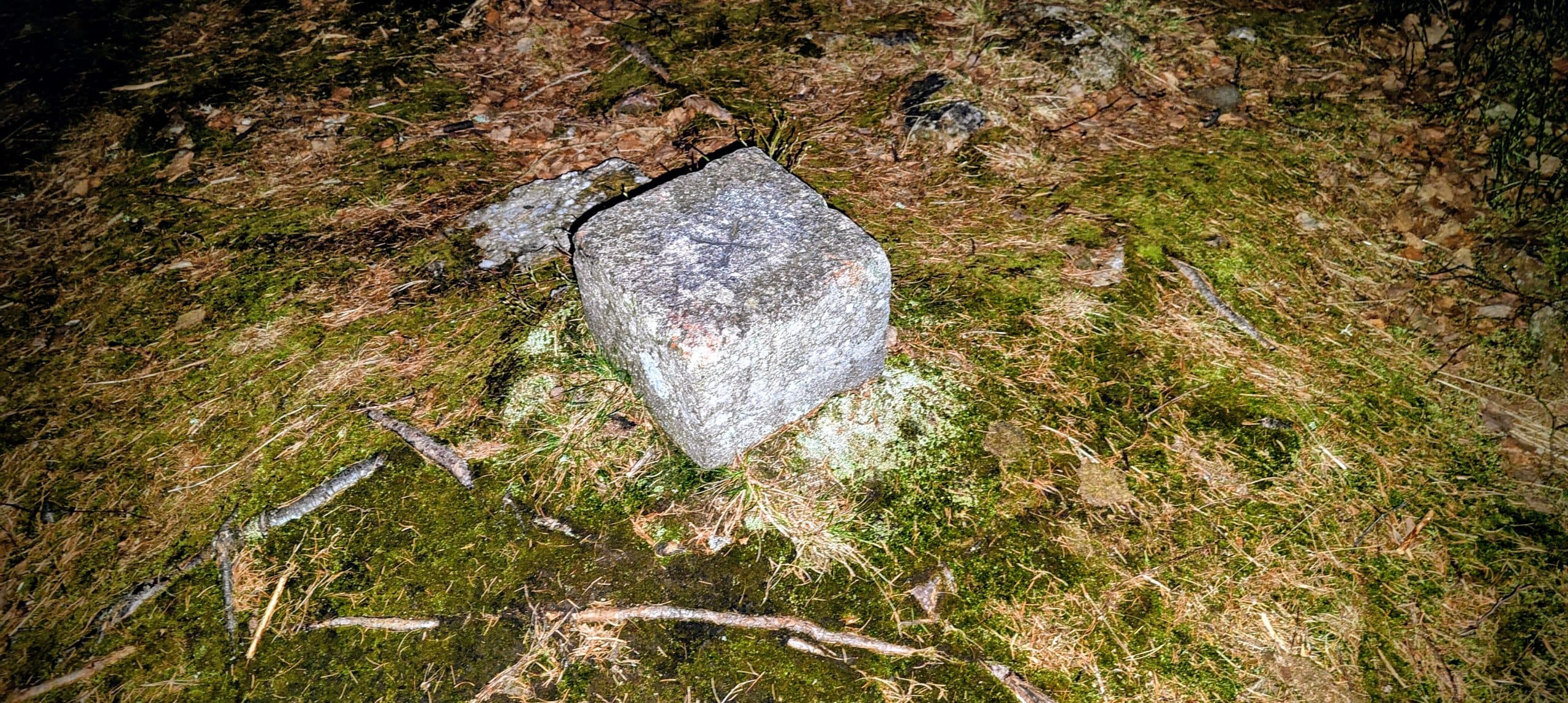 Small square concrete survey block on mossy forest ground near Bambule's summit.