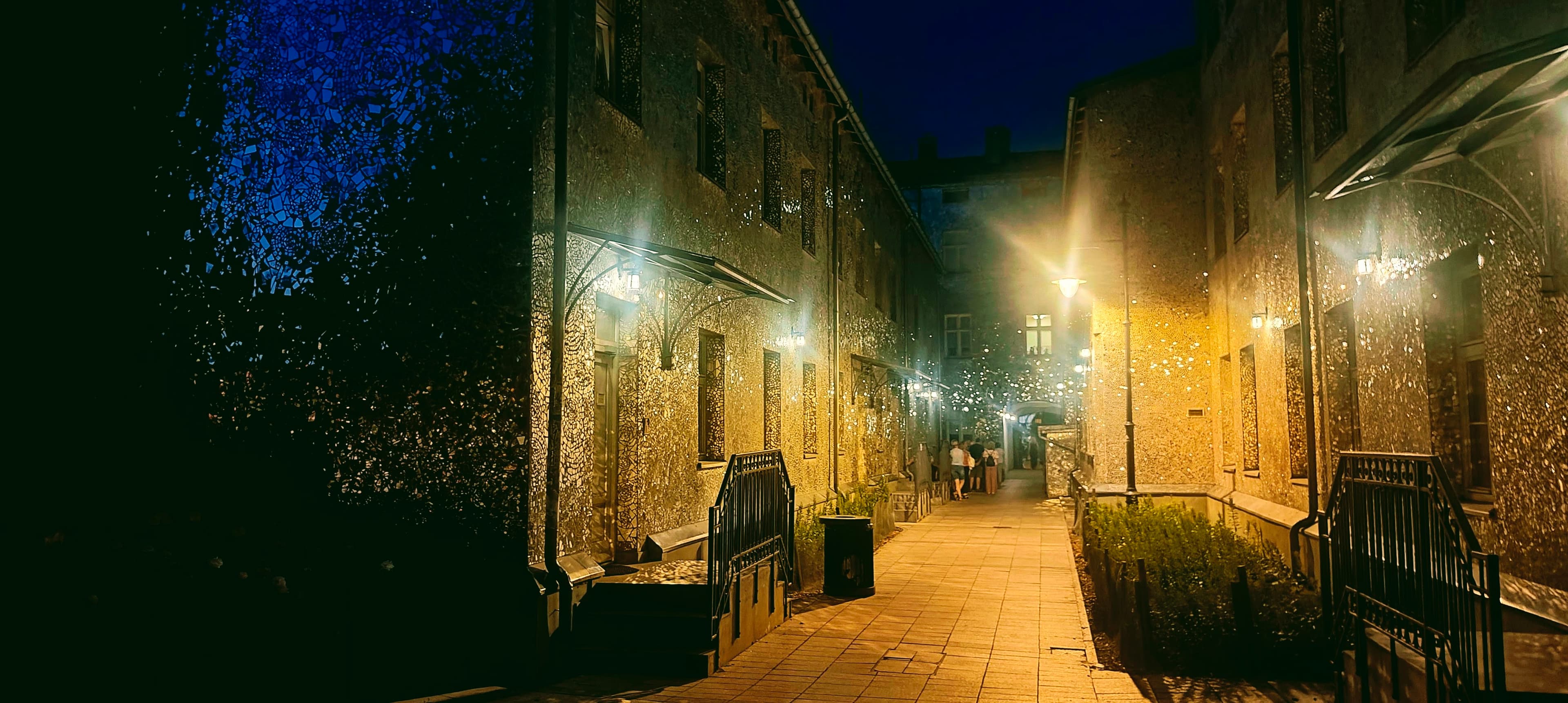 Night view down Pasaż Róży, with mirror-covered walls and warm street lamps.