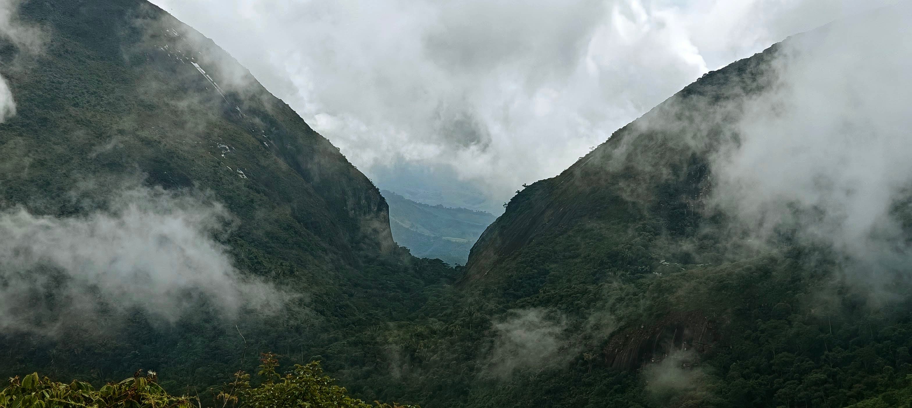Steep forested mountain walls dropping into a narrow gorge filled with low cloud.
