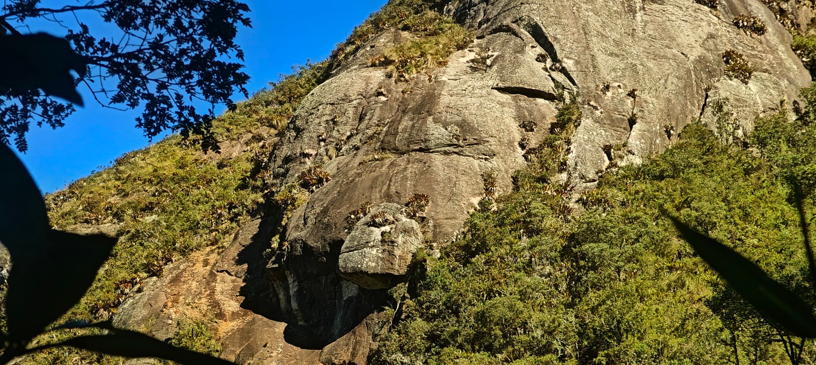 A steep sunlit granite face bordered by shrubs and trees beside the mountain trail.