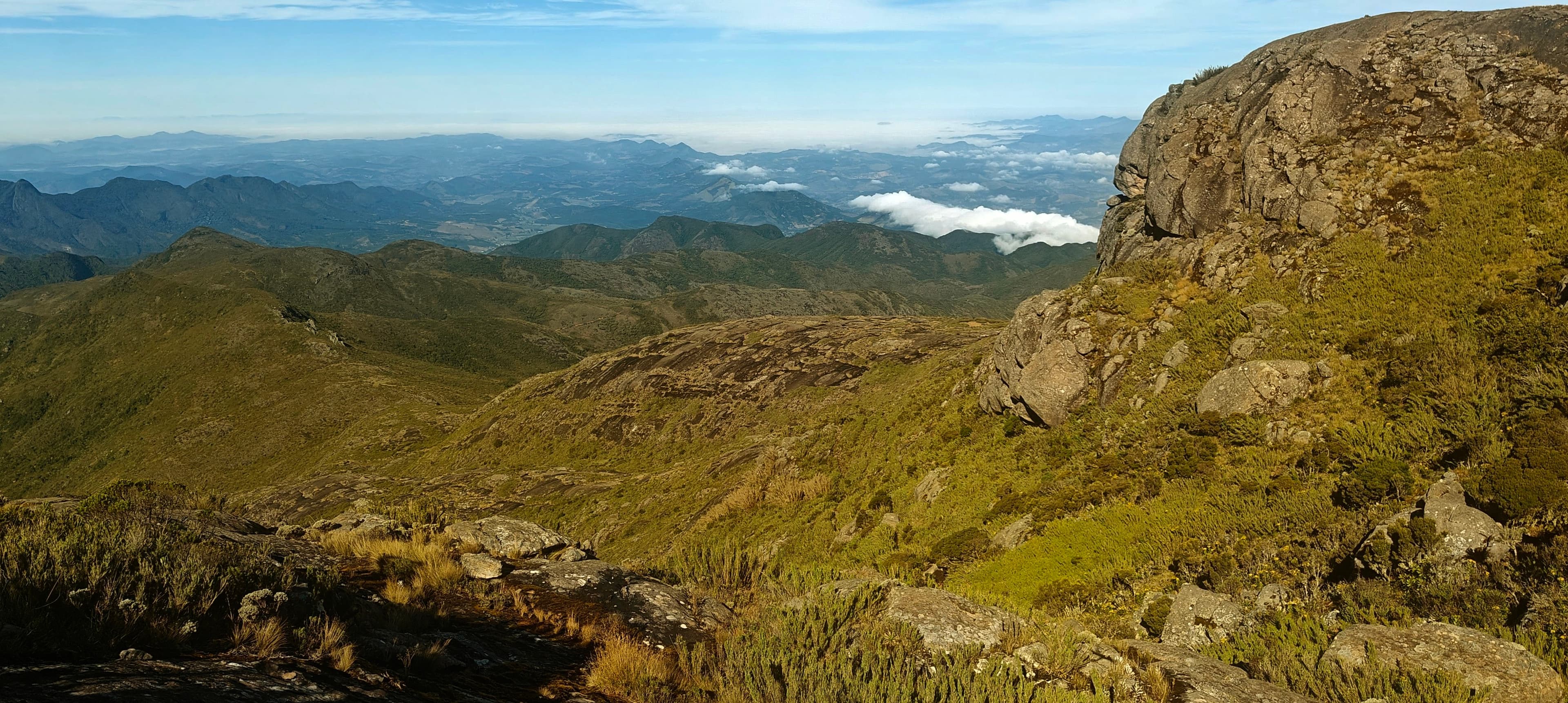 Rocky outcrop and open high-altitude vegetation overlooking distant forested hills.