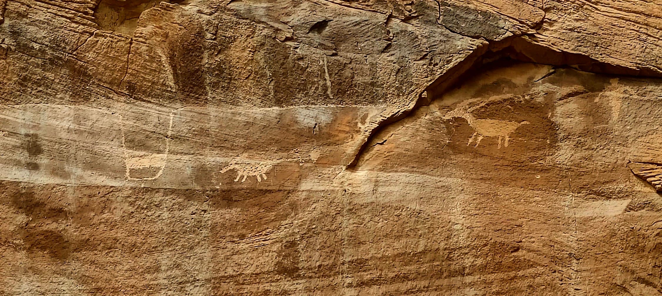 Several small animal-like Fremont Culture petroglyph figures beneath a shallow sandstone overhang.