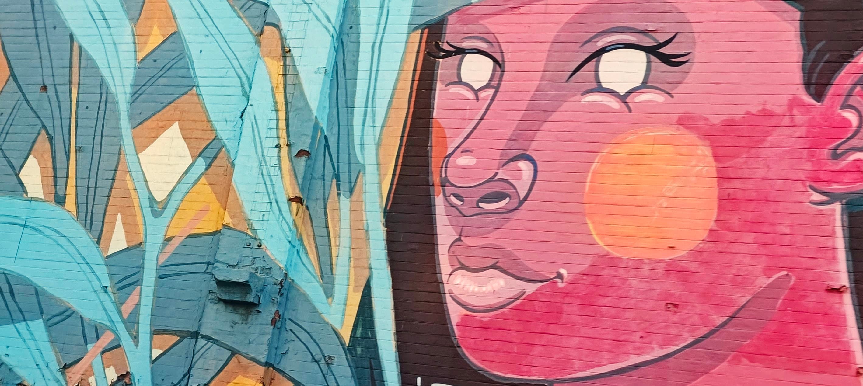 A close-up mural shows a large pink face with closed eyes and a round orange cheek.