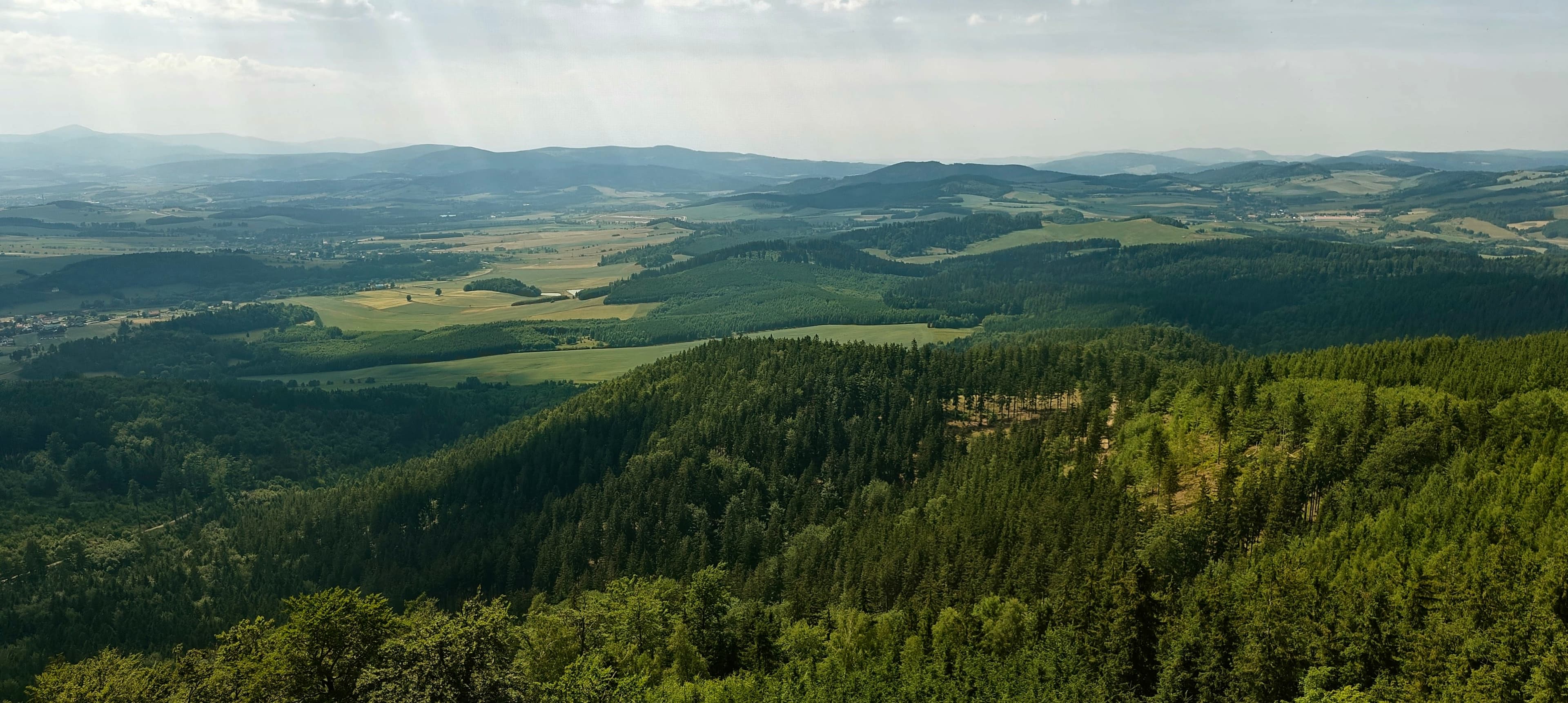 Patchwork fields and distant lowlands seen through trees from the Trójgarb summit area.