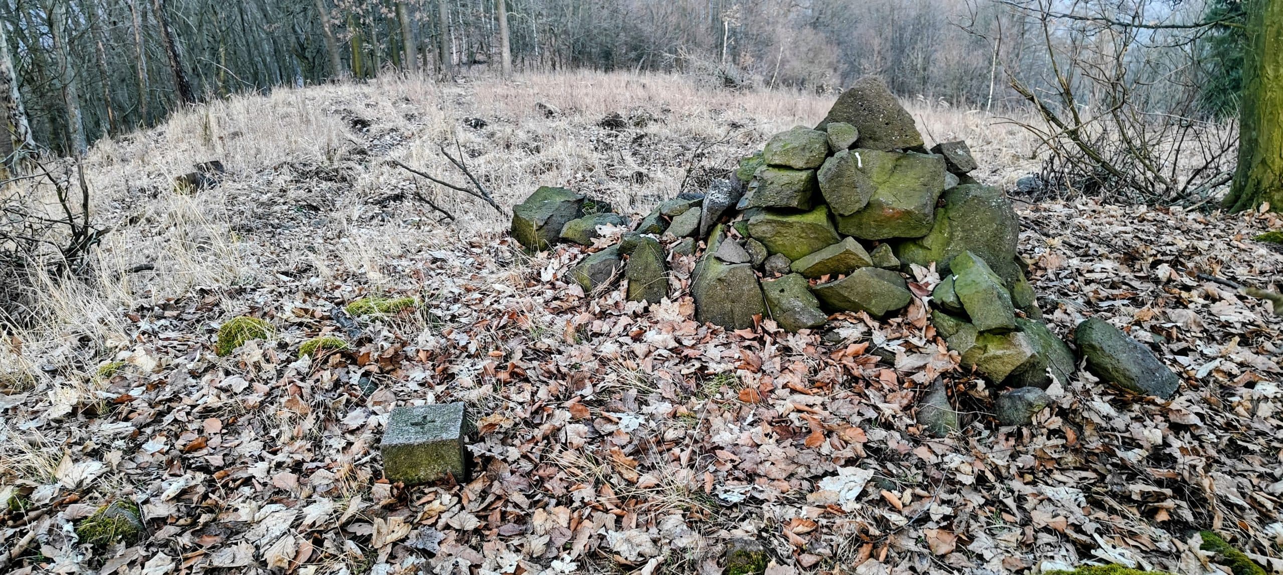 Small mossy stone cairn and square concrete marker in a leaf-covered forest clearing.