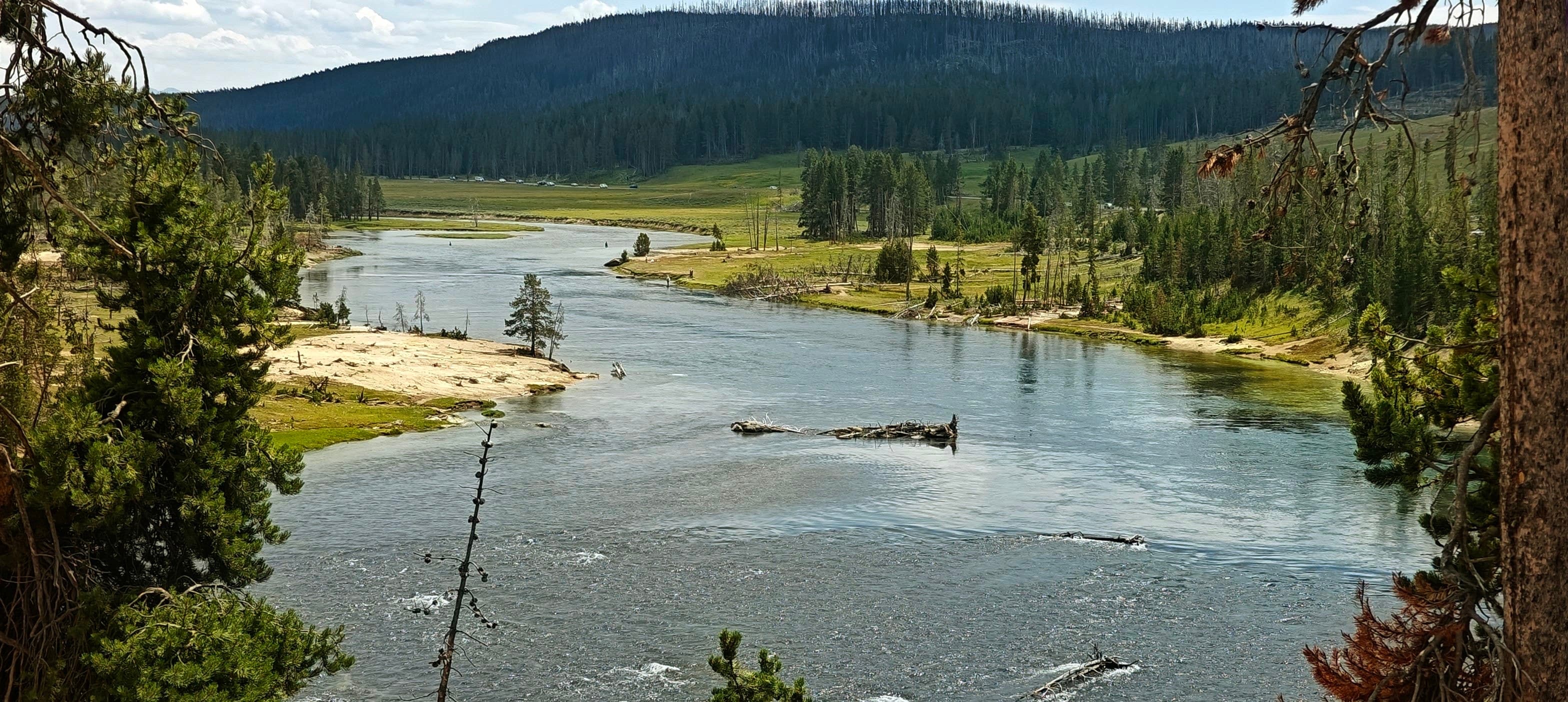 A broad river passes pale steaming banks below a dark forested ridge.