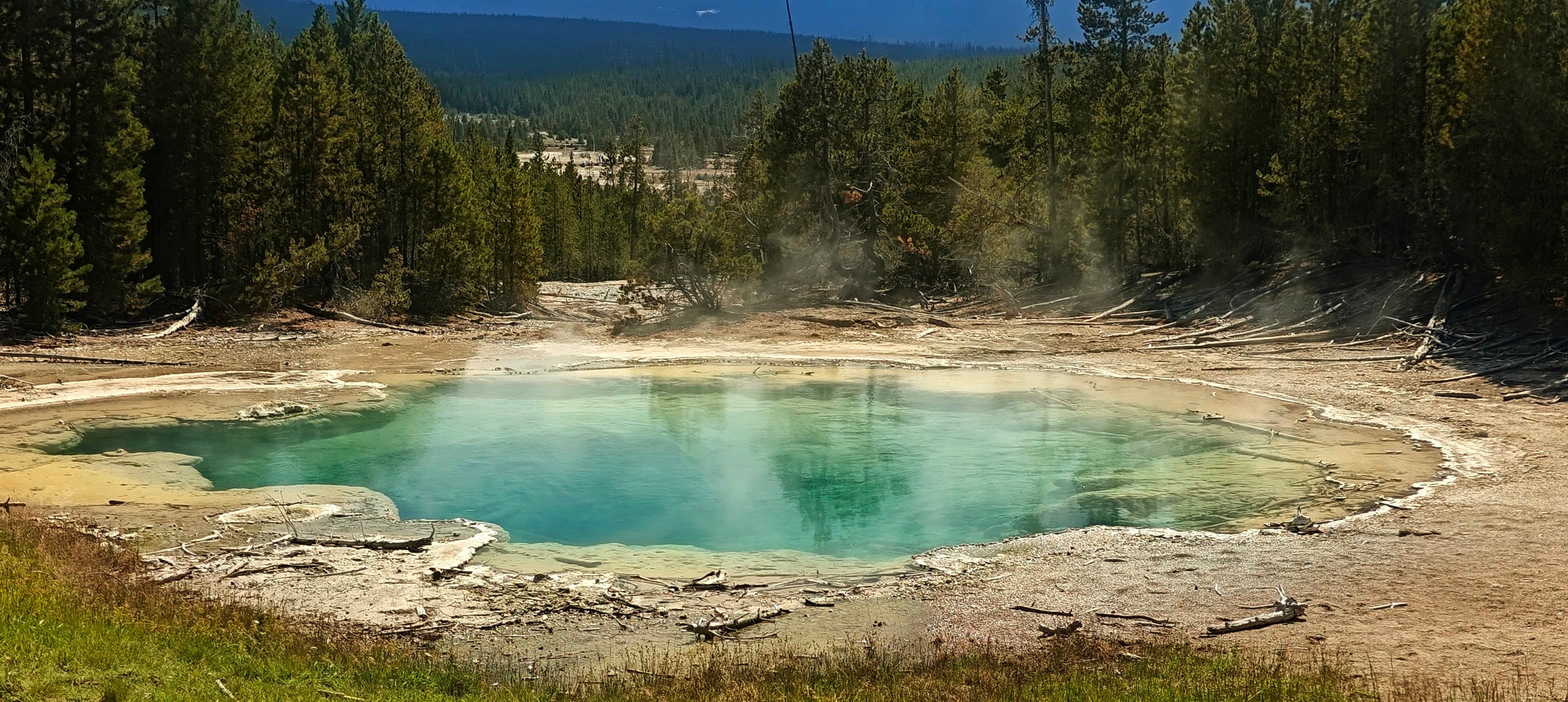 A vivid turquoise hot spring lies in pale ground below a forested mountain ridge.