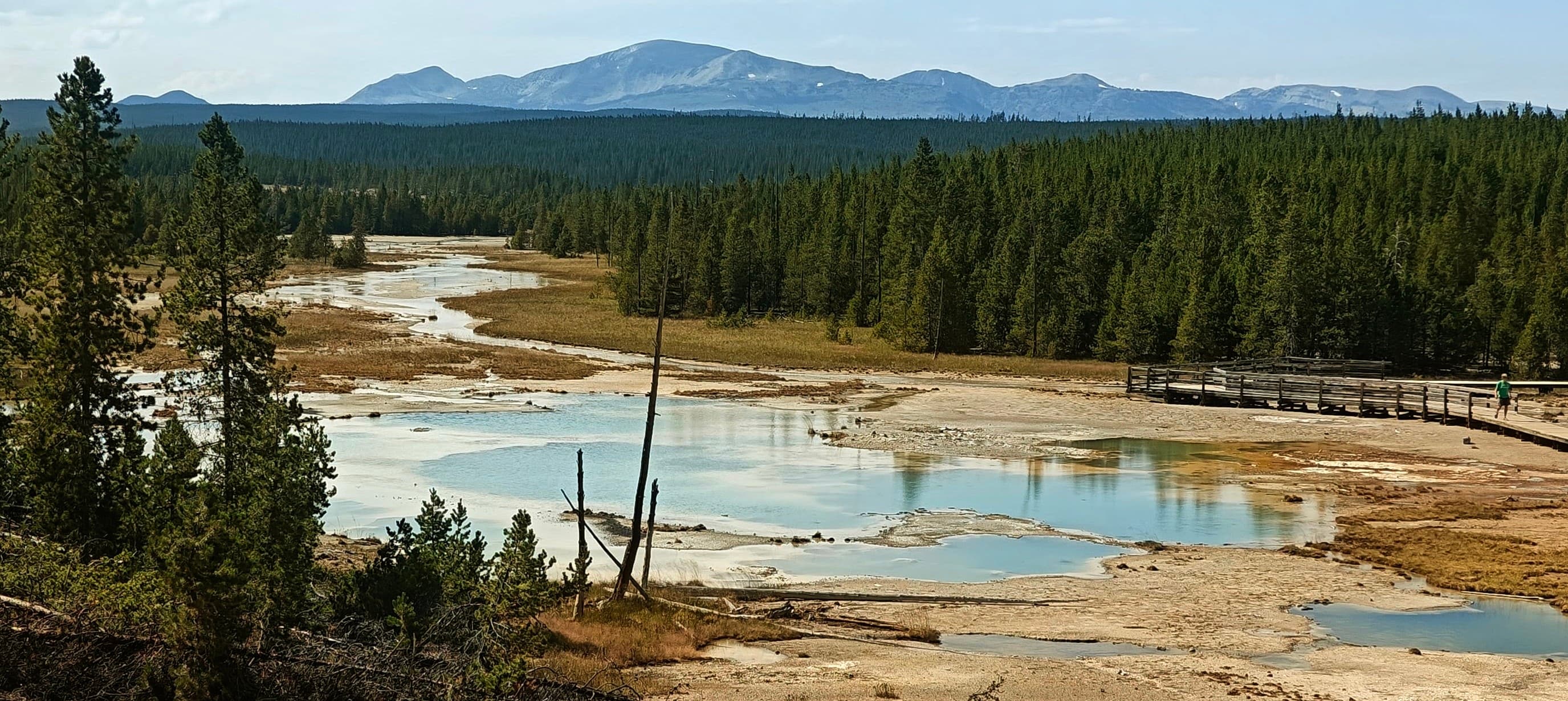 Green-blue thermal water is bordered by vivid orange deposits beneath dark conifers.