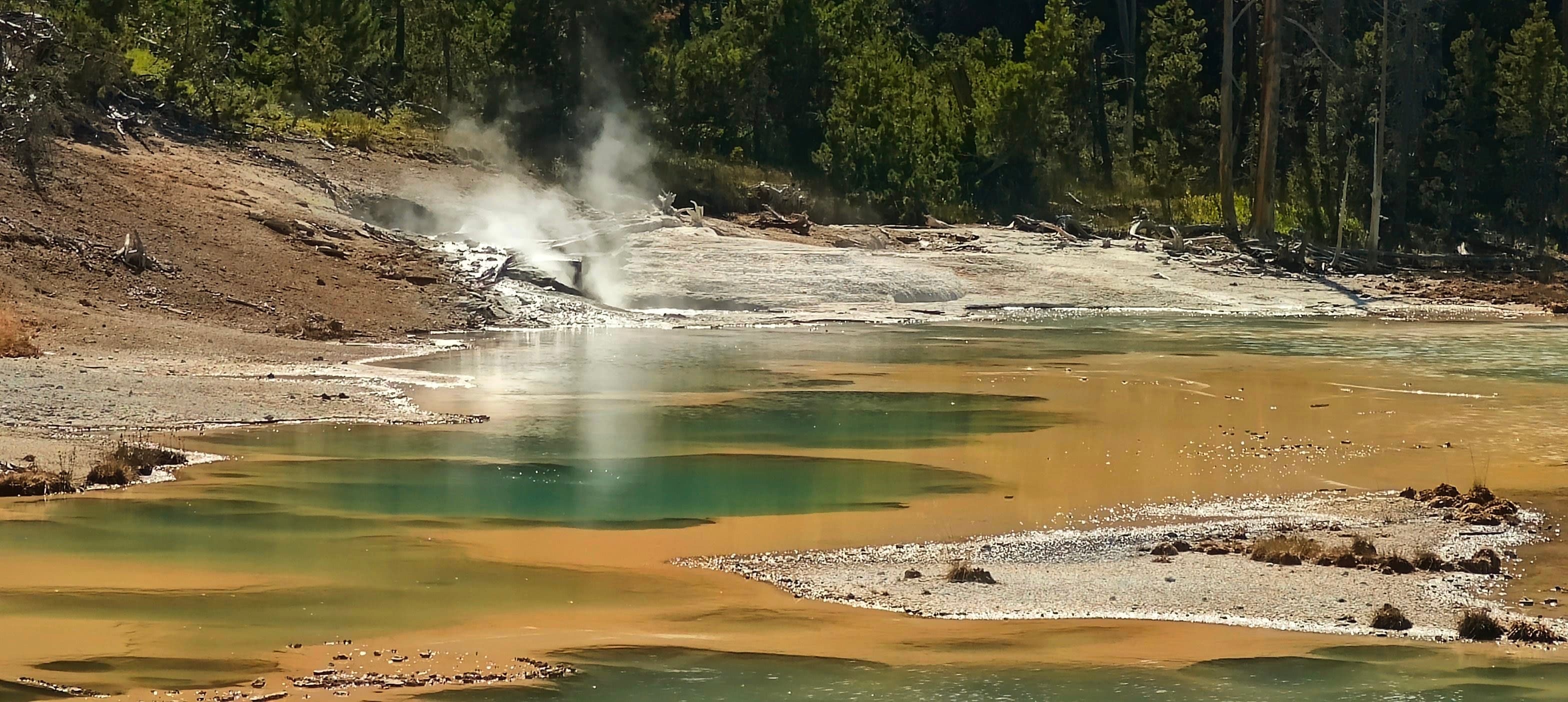 Orange and green microbial mats spread beside a green-blue thermal pool.