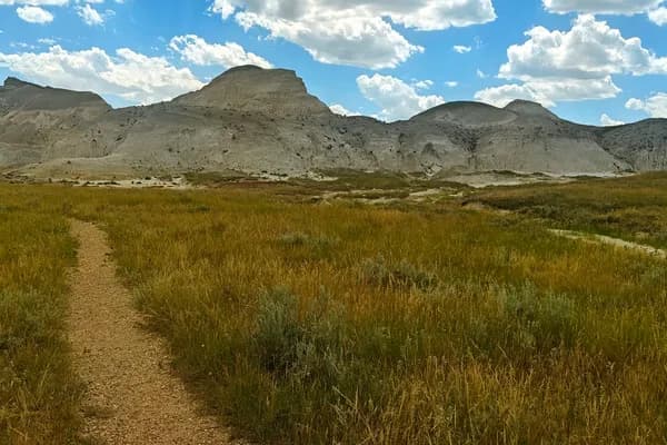 A narrow trail crosses open prairie towards the pale, eroded slopes of White Butte beneath cumulus clouds.