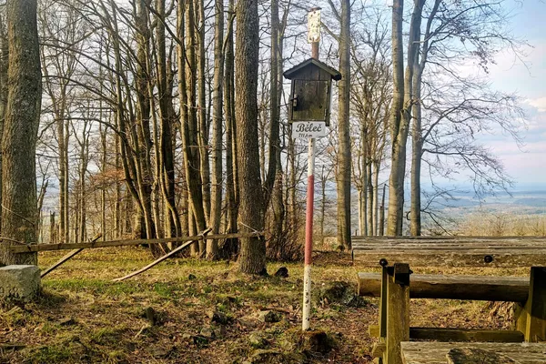 Wooded Běleč summit with a white summit sign, picnic table and concrete marker among leafless trees.