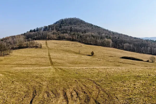 Lotarův vrch above a broad dry meadow, with leafless forest on its slopes under a clear blue sky.