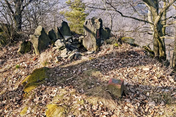 Rock outcrops and a small concrete marker on the leaf-covered wooded summit of Vysoký kámen.